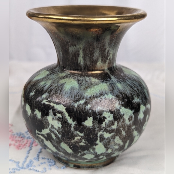 Vintage Mid-Century Fohr Keramic 320-0 Vase Turquoise Black Lava Glaze Gold Ger - Picture 2 of 9